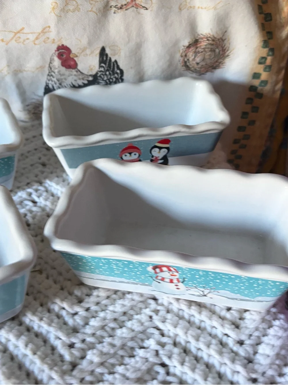 Festive Snowman & Penguin Ceramic Baking Dishes - Blue